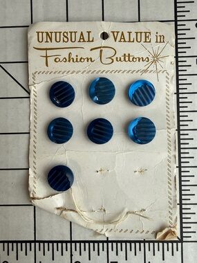 Vintage Blue Carved Plastic Buttons Card 1940s 1950s Sewing Lot 7 pcs Cobalt MCM
